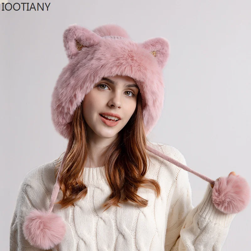 

New Winter Fashionable Fur Ball Hundred Hats For Women Cartoon Cat Ear Velvet Keep Warm Knitted Beanie With Faux Fur Pompom Cap