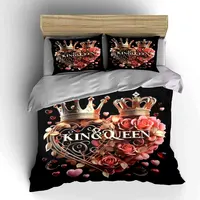 Parure de lit 3 pièces King Queen Crown Heart, housse de couette et taies d'oreiller imprimées roses dorées, linge de lit romantique pour chambre de couple 5
