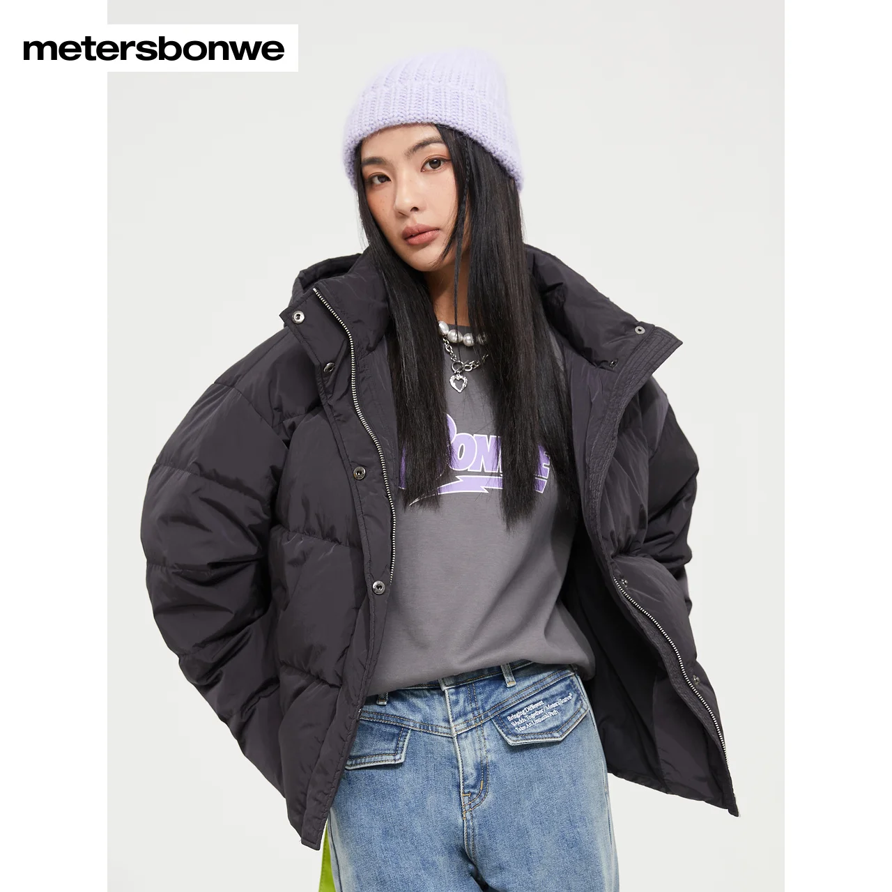 Metersbonwe Women's 22New Winter Solid Color Hooded Down Jacket 80%Eiderdown Thick Short Warm Wear Casual Loose Trend Outwear