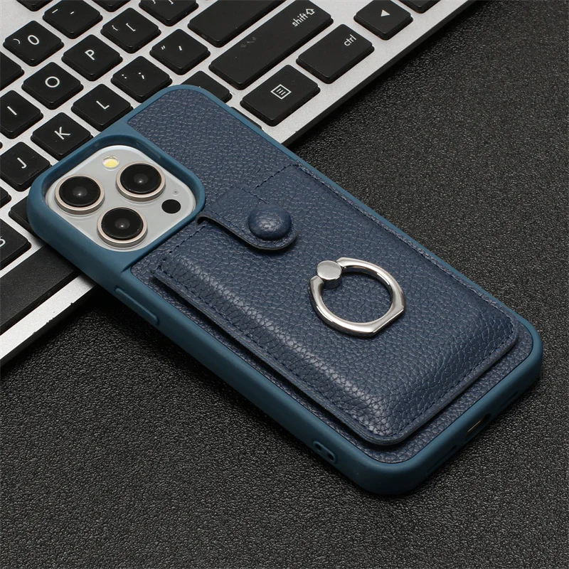 Leather Phone Case with Card Slots and Metal Ring Holder - Wallet Back Cover