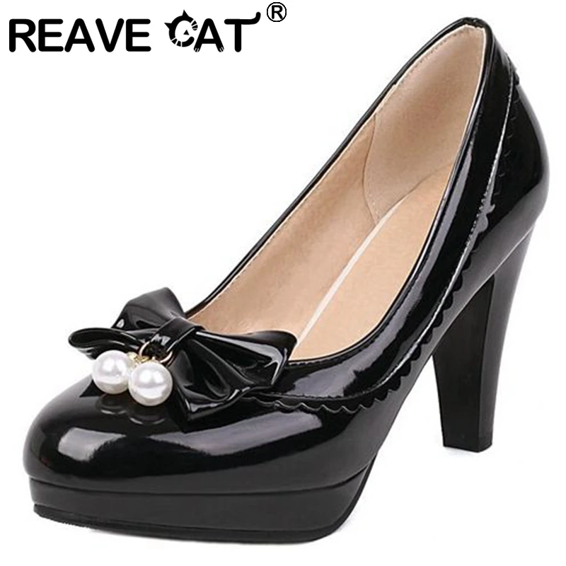 

REAVE CAT Women Platform Pumps Round Toe High Heels Bowtie&Pearl Appliques Slip-On Sweet Plus Size 32-50 Black Red Spring S3372