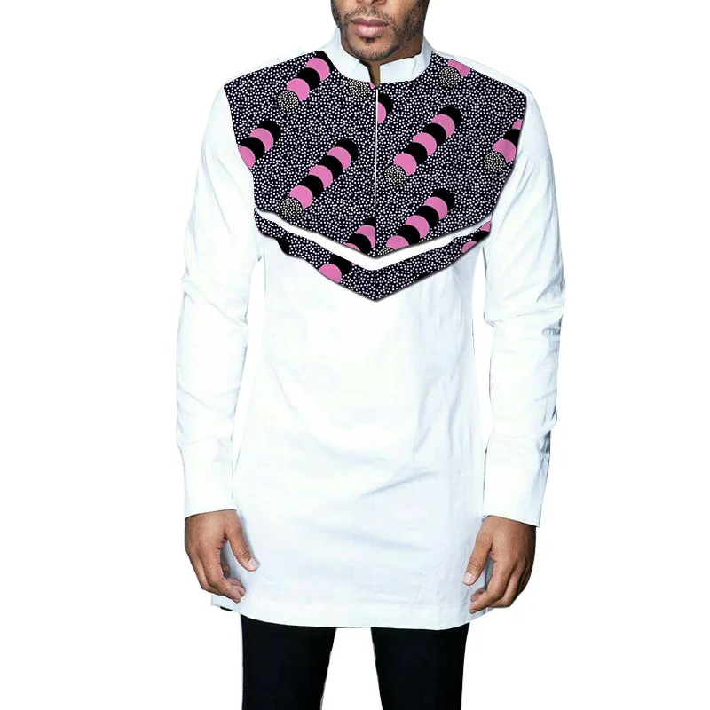 Zipper Fly Men's Turn Down Collar Shirt Long Sleeves Patchwork Tops Wax/White Patchwork African Clothes Personalized Design