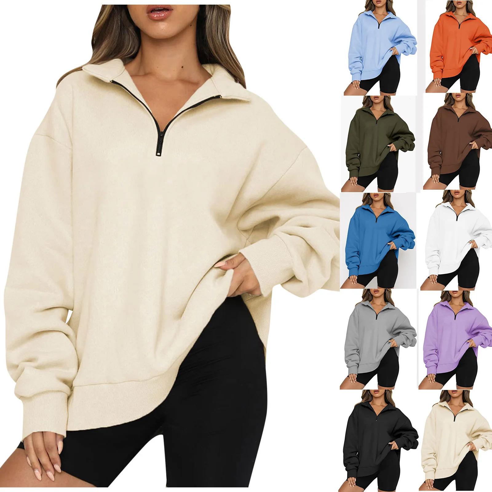 

Women Top Solid Sweatshirt Loose Long Sleeve Tshirt Stand Collar Zipper Solid Fashion Streetwear Autumn Oversize Sweatshirts