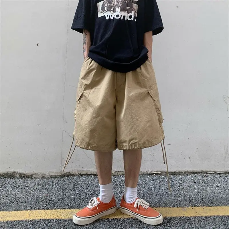 Fashion Korean large pocket workwear straight shorts men summer y2k street hip hop trendy brand solid color casual loose pants