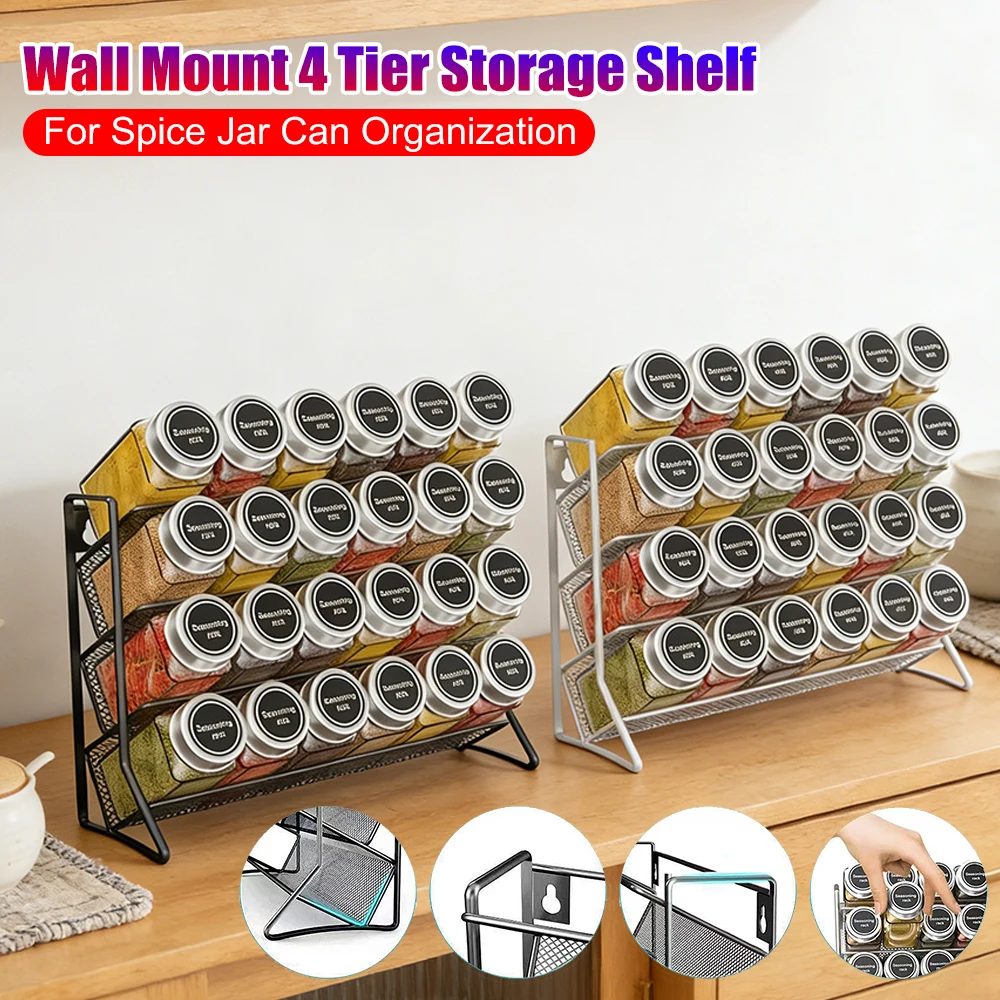 4 Tier Cupboard Storage Shelf Metal Spice Seasoning Jar Organizer Rack Wall Mount Non-Slip Kitchen Pantry Small Can Stand Holder
