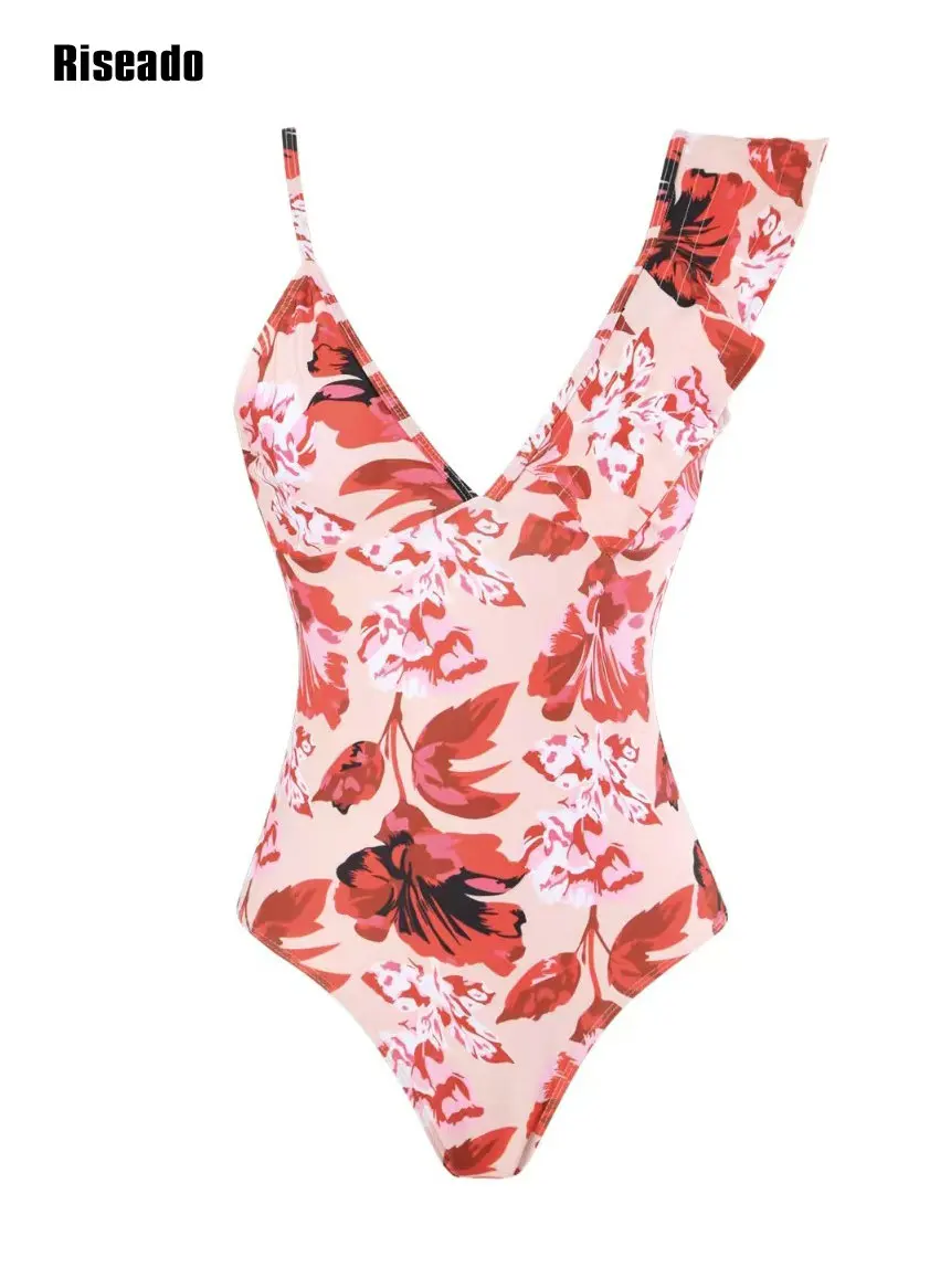 

Riseado Ruffle Sleeve One-Piece Swimsuit for Women Sexy V-neck Backless Beachwear Monokini 2024 Bathing Suits Floral Swimwear