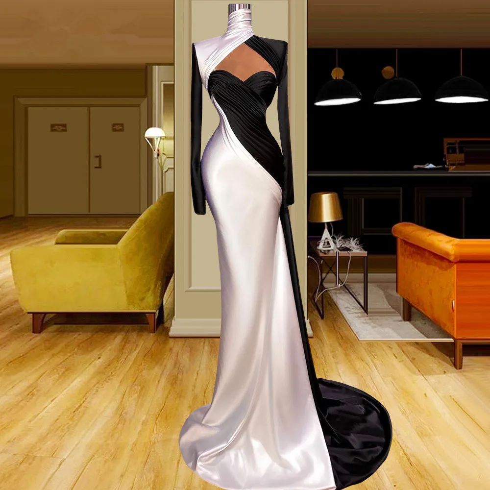 

Black and White Mermaid Evening Dresses with Long Sleeve Matte Stain Pleated High Neck Arabic Aso Ebi Prom Occasion Gown
