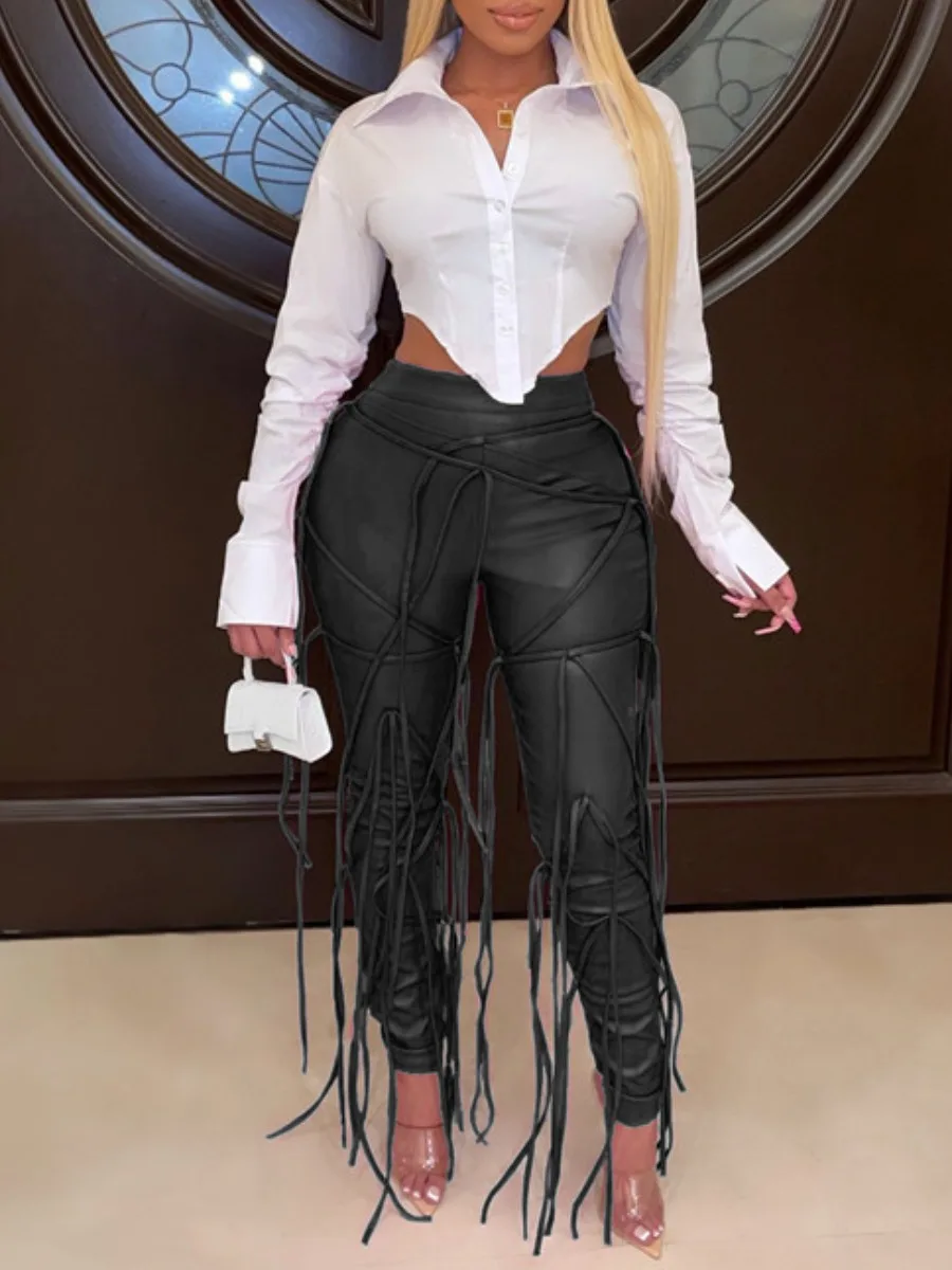 

LW Pu Plain Pants Fashion Women Trousers Street Style Bottoms Solid Faux Leather High Waist Tassel Design Sexy Skinny Streetwear