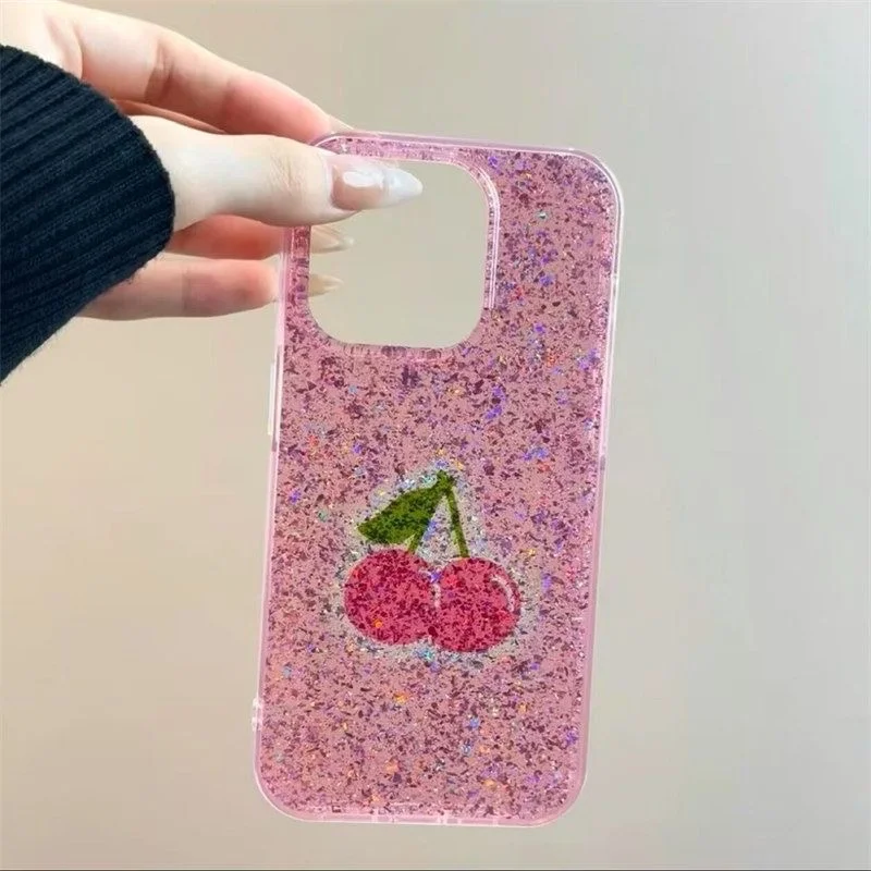 Glitter Pink Background with Red Cherry Design Phone Case