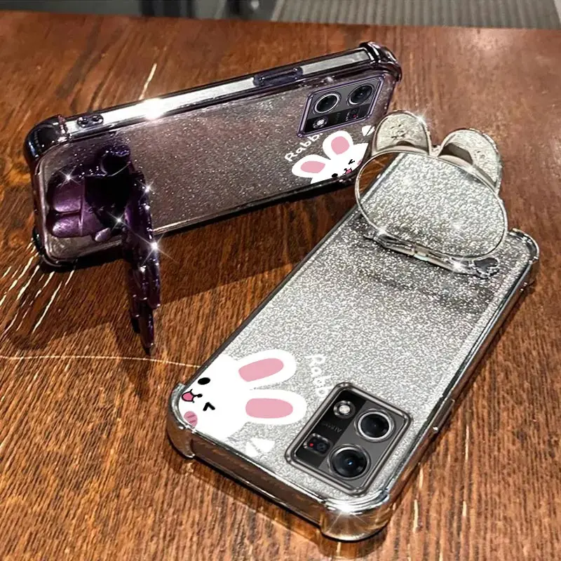 Airbag Glitter Mirror Rabbit Phone Holder Case with Anti-Knock Stand Back Cover
