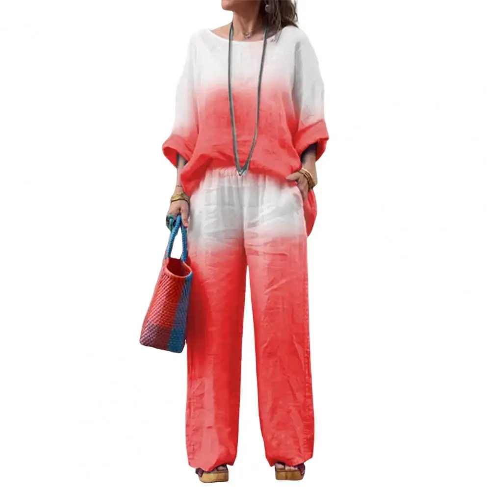 

Women Clothing Set Gradient Contrast Color Women's T-shirt Pants Set for Homewear Outfit with Round Neck Long Sleeve Top Wide