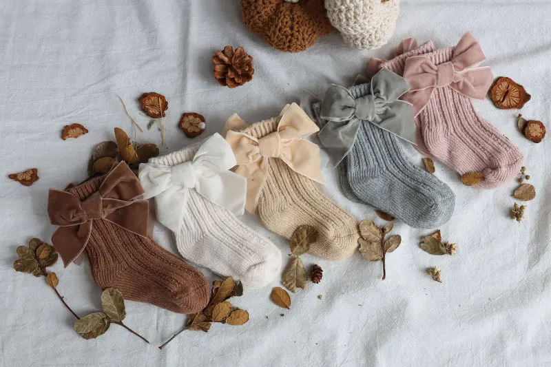 Baby Girls Christmas Socks Kids Cotton Big Bow Knee High Sock Solid Woolen Leg Warmers Girl