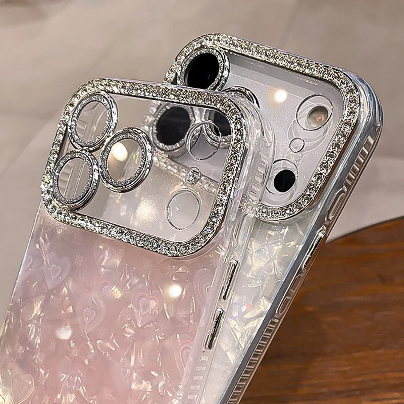 Love Heart Rhinestone Silicone Phone Case with Lens Film Cover