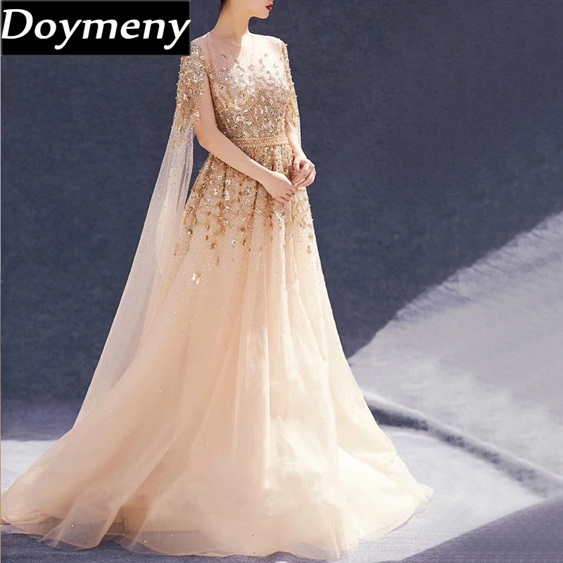 

Doymeny Elegant Prom Dresses Sequined Beaded O-neck A-line Cocktail Cape Formal Evening Party Gownsفساتين السهرةvestidos de gala