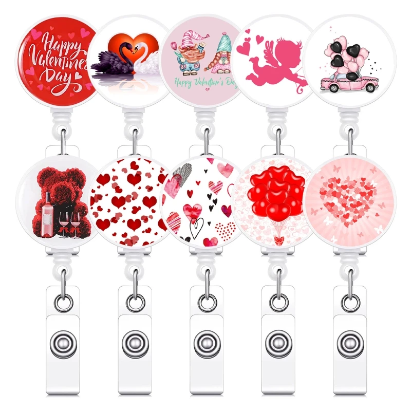 

Lovely Retractable Badge Holder with Rotatable Clips Valentine Badge Reel Clip Love Theme for Women Girl Lady