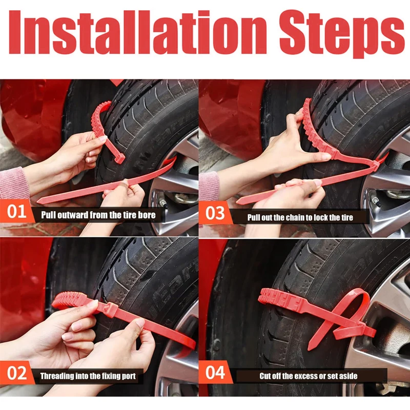 12pcs snow tire chain skid chain Adjustable nylon zipper tie track claw emergency strap Durable stable skid red