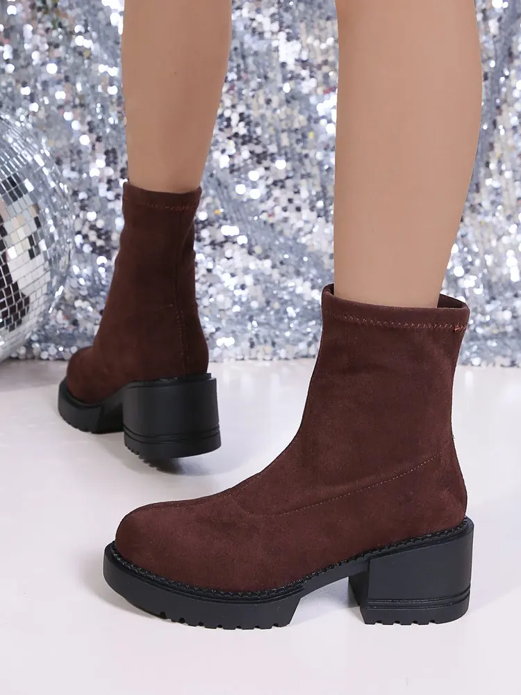 Women's Suede Platform Ankle Boots Round Toe Block Heel Casual_voghion.com