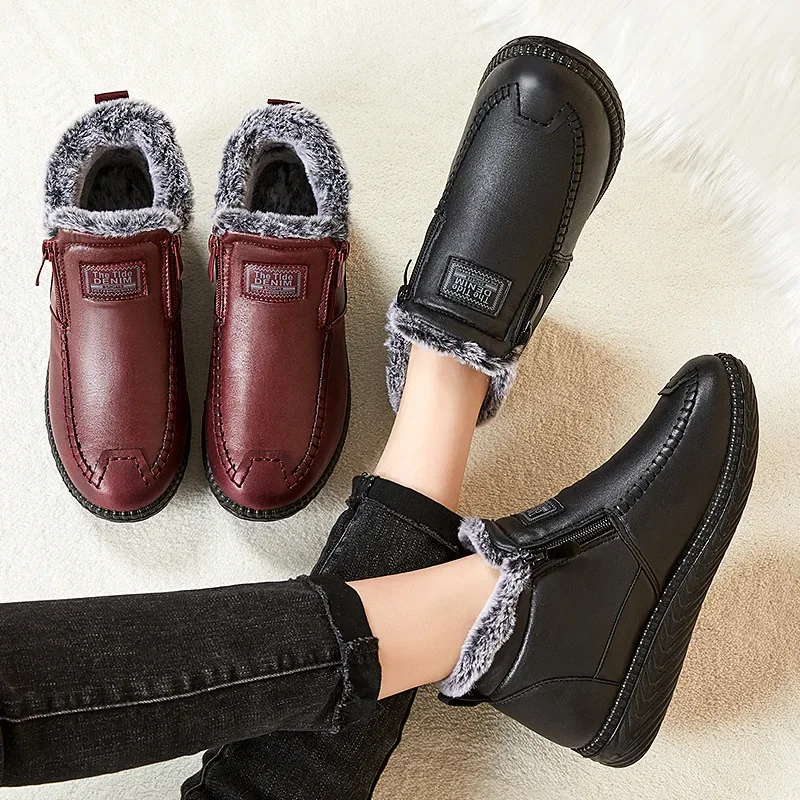 High quality short ankle snow leather boots for women round toe thickening new 2023 winter casual plush warm shoe - black red