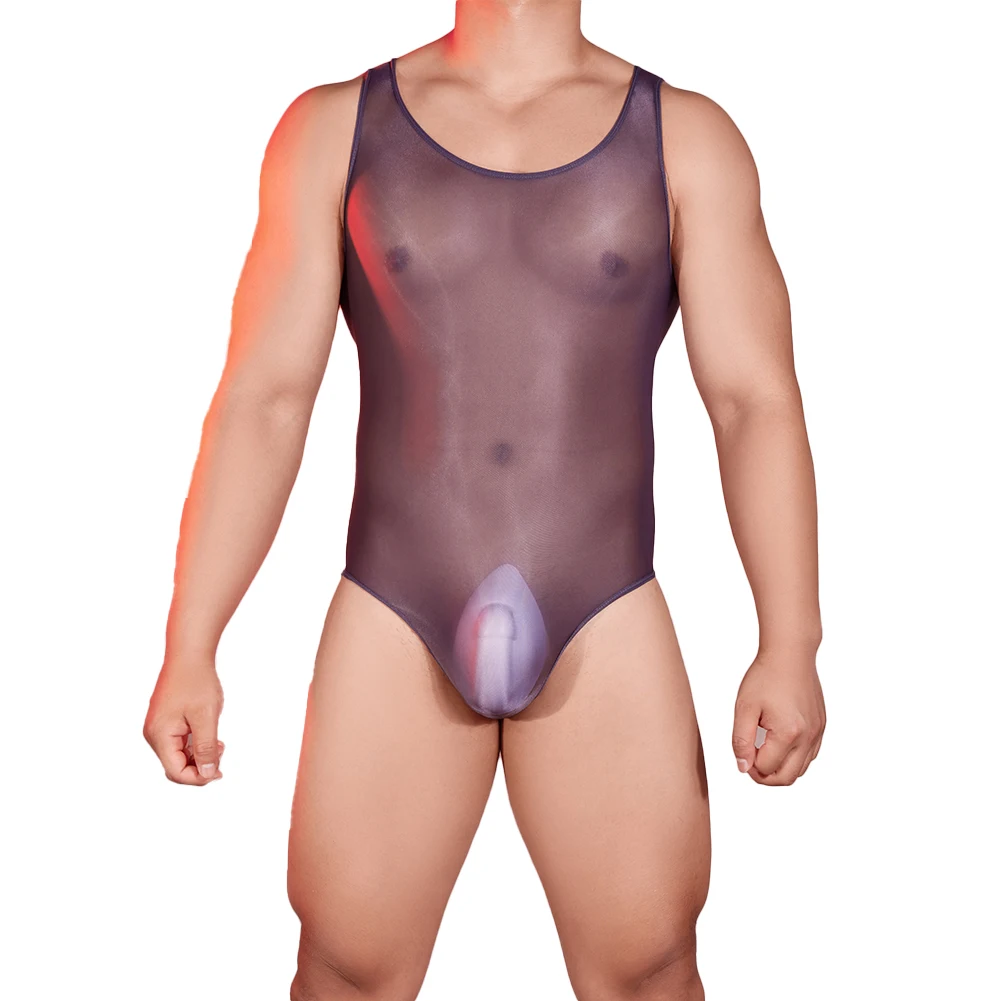 

Men Sexy Bodysuit Oil Glossy See Through Stretchy U Convex Pouch Underwear Sleeveless Playsuit Sheer Mesh Transparent Night Club