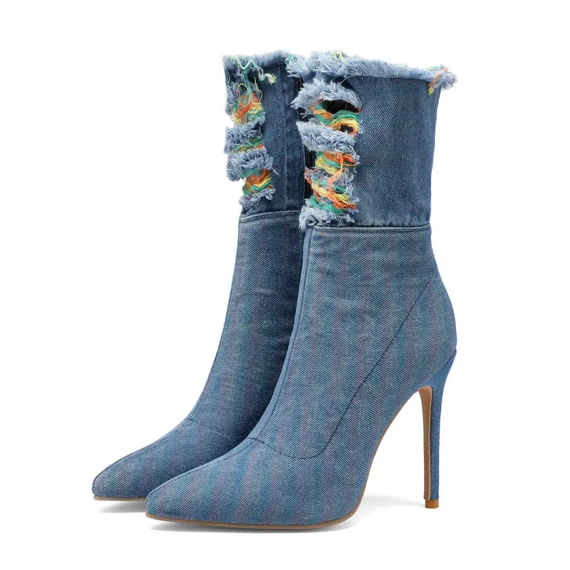 

Extra Big Size 34-48 Brushed Denim Jeans Blue Rainbow Colorful Color Mixed Pointed Toe Super Thin High Heels Stiletto Boots Lady