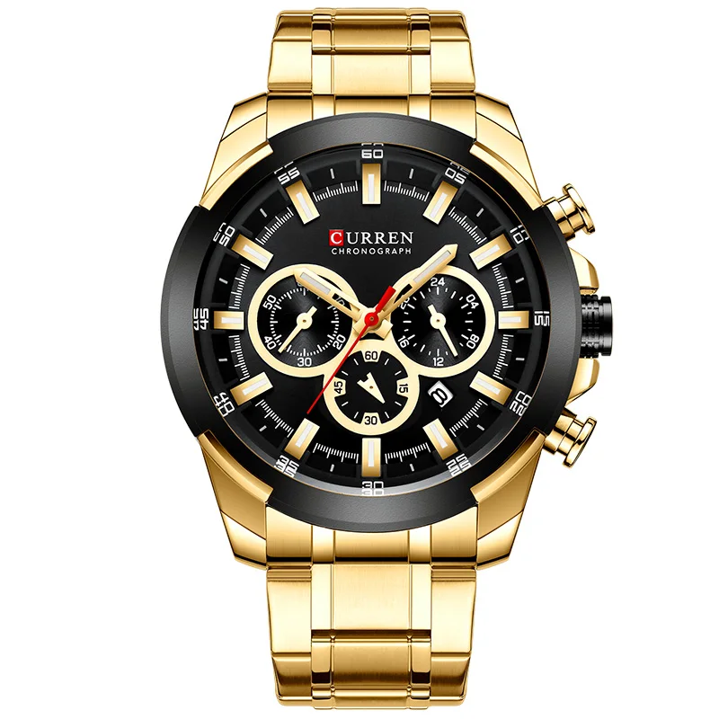 Curren-relógio de pulso masculino, marca top, grande, esportes, militar, aço, quartzo, cronógrafo, design de ouro, para homens