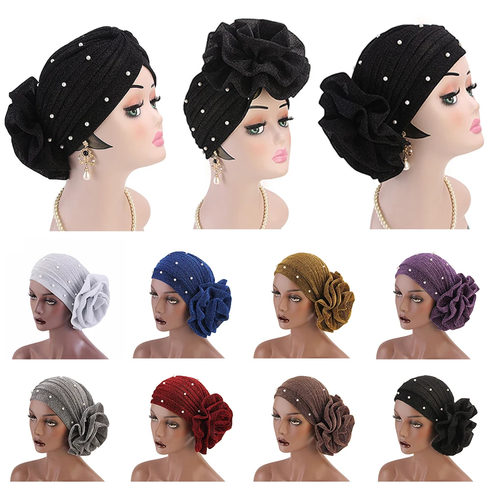 

Headwear Turban Hat Indian Hat Bright Silk Flower Hijabs Big Flower Fashion Pearl Headwear Hijabs Cap Elastic Hair Accessories