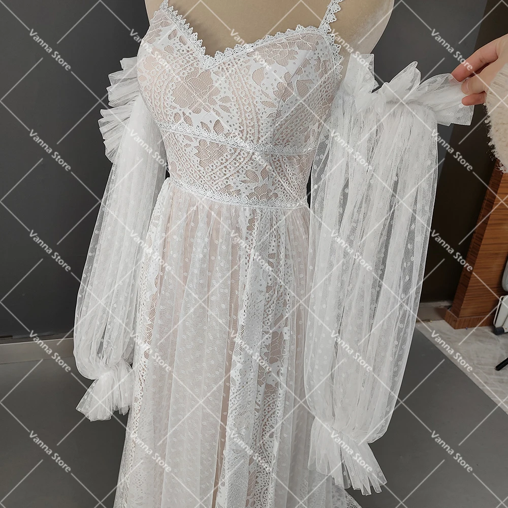 Maßgeschneidertes Boho-Brautkleid mit Spaghettiträgern und Elopement-Brautkleid, rückenfreies Korsett, gepunktete Spitze, langes Brautkleid mit abnehmbaren Ärmeln – Detail 16