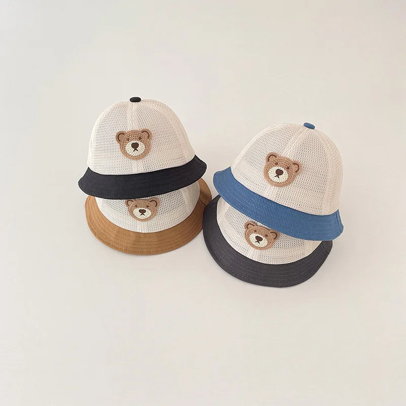 

2023 New Summer Baby Hat for Boys Girls Cute Bear Fisherman Cap Sun Protection Mesh Panama Hats Children Accessories 5-24M
