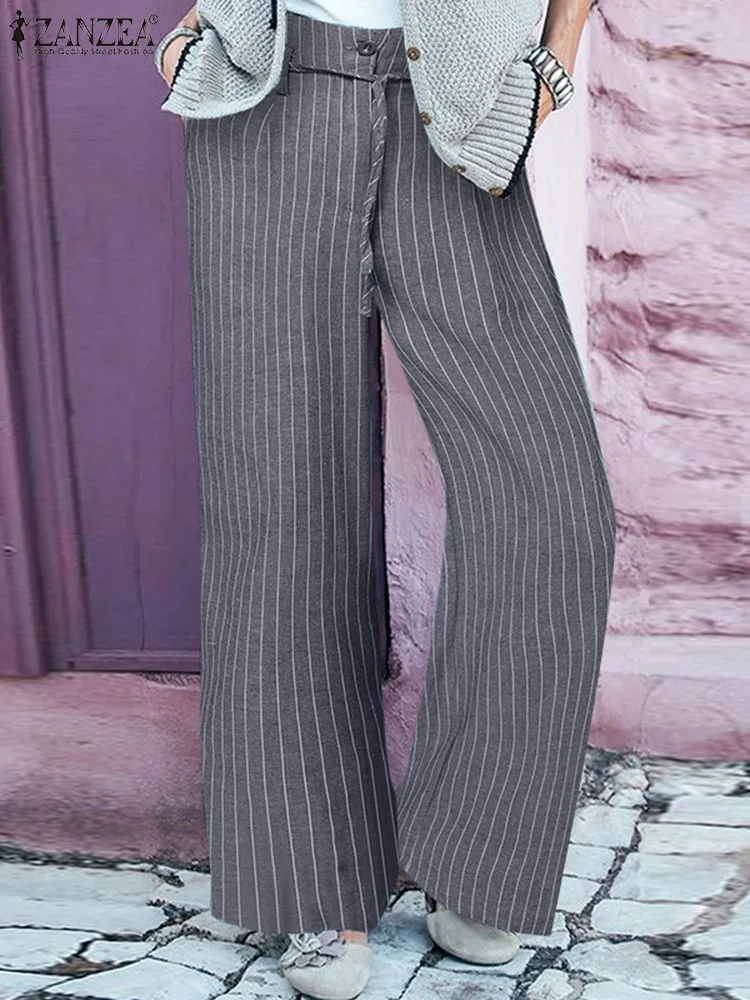 

Elegant High Waist Striped Wide Leg Pants Women Fashion Trousers Autumn 2023 ZANZEA Casual Loose Work Pantalon OL Harem Palazzo