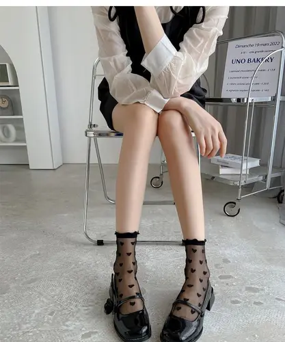 여성용 러플 러브 하트 패턴 얇은 긴 양말, 섹시한 JK 유니폼, 달콤한 유리 섬유, 투명 블랙 레이스 양말, 인스타 스타일 6