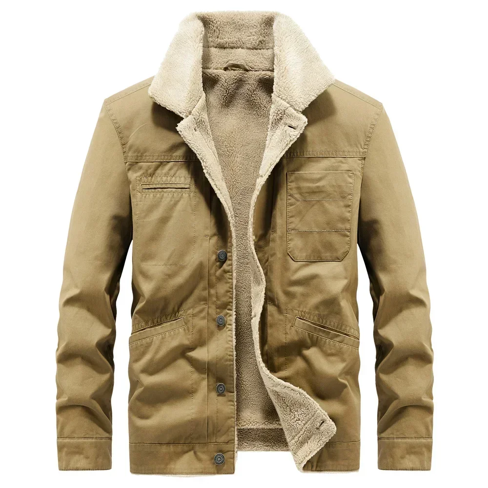 

Fleece-lined Thickened Warm Men's Coat Casual Khaki Green Lamb Parka Male Cargo 100%Cotton Winter Jacket Men New Jacket B01568