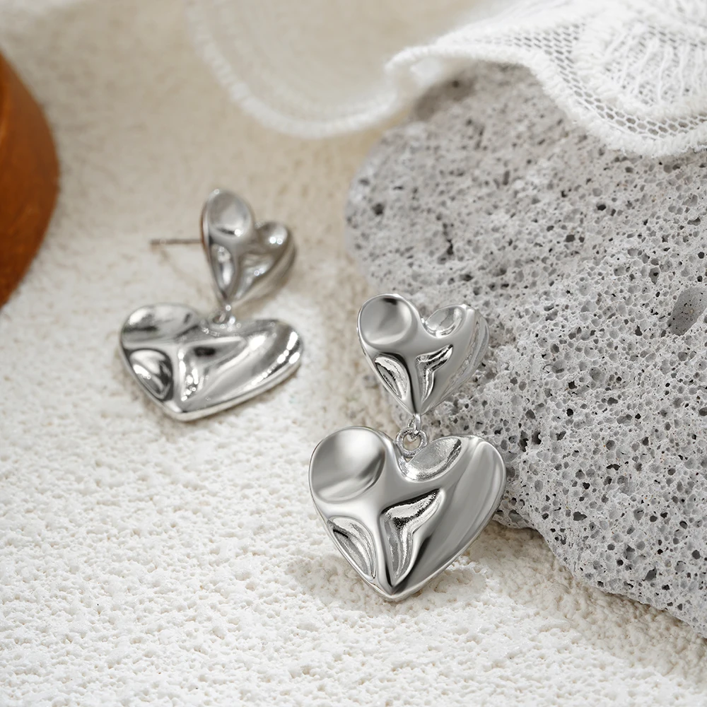 New Vintage Lava Textured Double Love Heart Dangle Earrings for Women Girls 18K Gold Plated Waterproof Statement Earring Jewelry