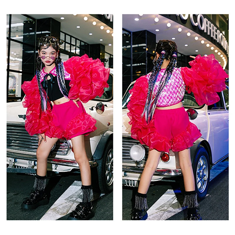 2023 Pink Puff Sleeve Cheerleading Clothing For Girls Concert Performance Stage Costume Jazz Dance Outfit Kpop Clothing DL11215