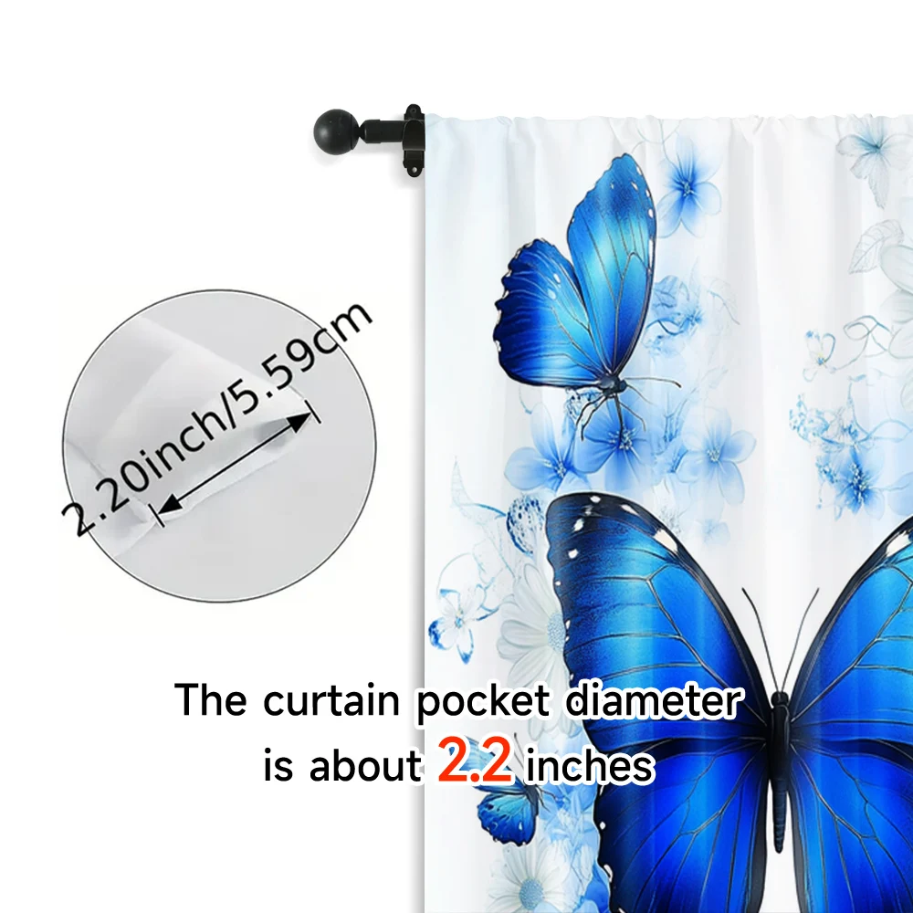 2Pc Contemporary Polyester Window Curtain With Blue Butterflies Floral Print Machine Washable For Bedroom Living Room Dining 6