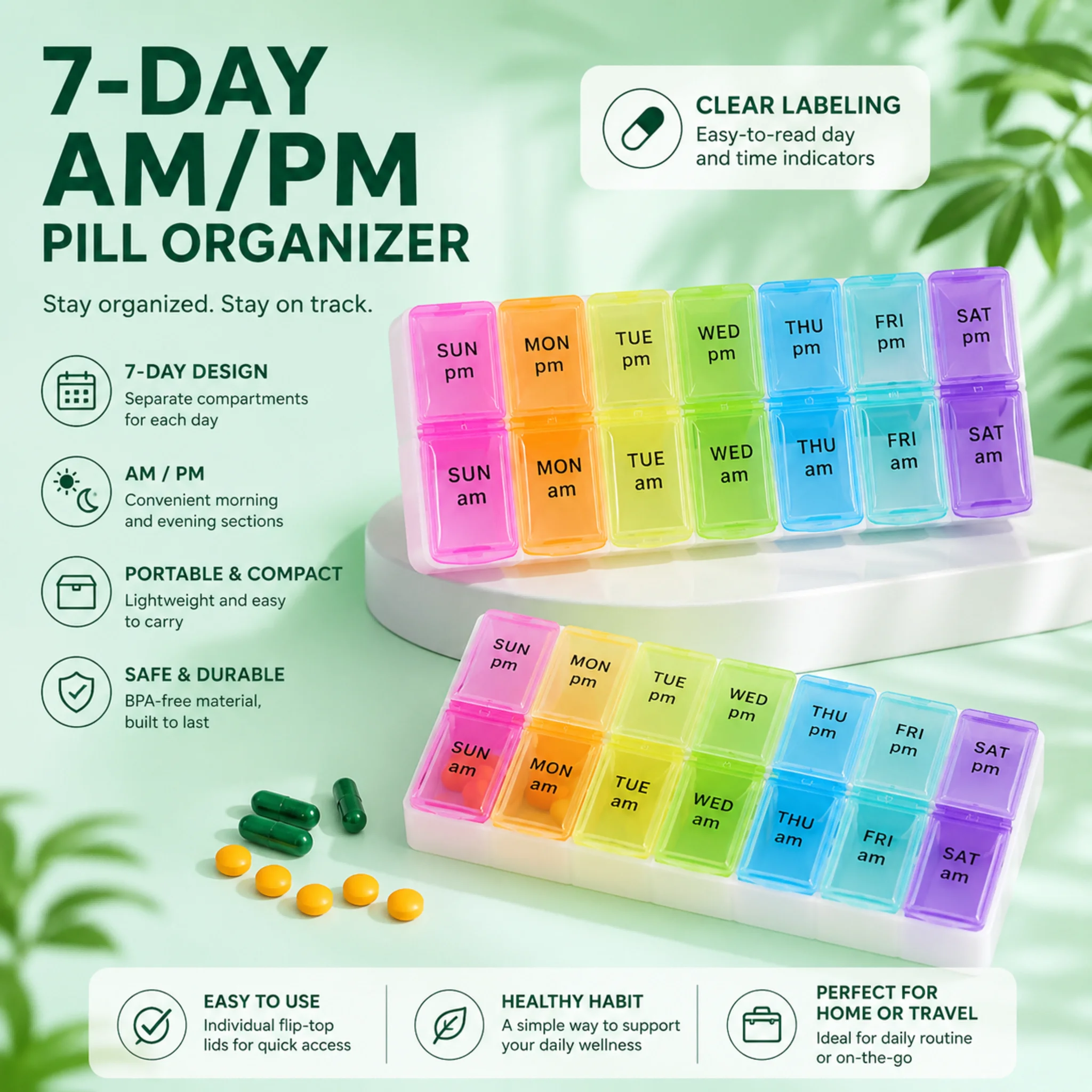 Weekly Pill Organizer with 14 Compartments for Daily Travel – Compact Medicine Box for Vitamins and Supplements