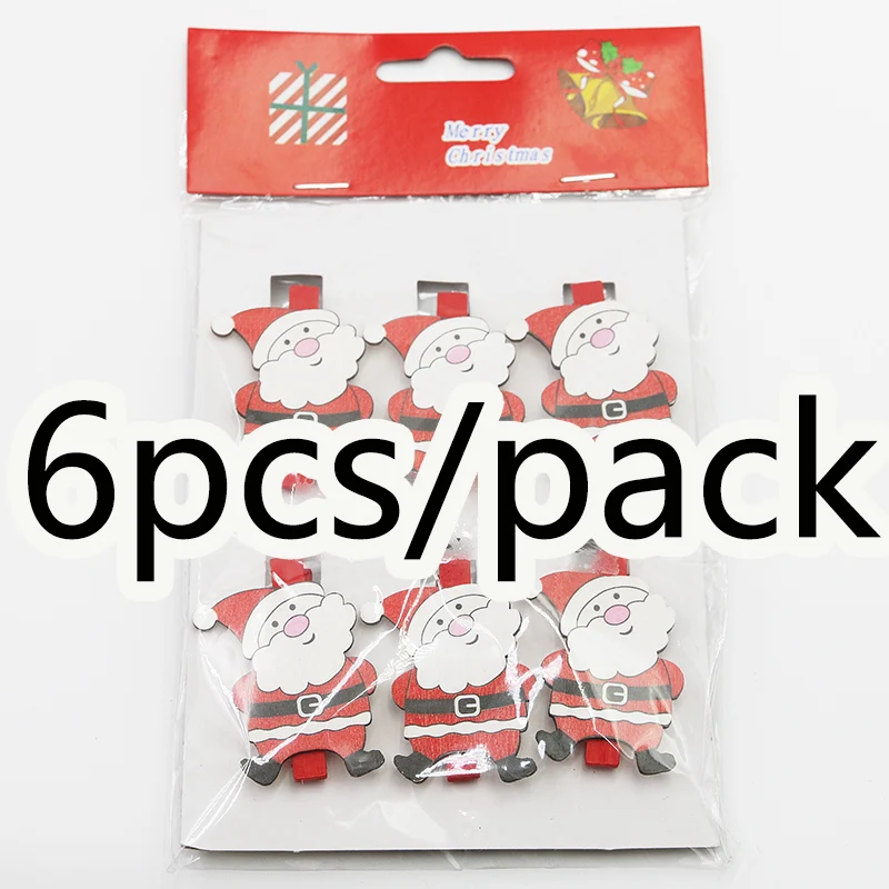 (6 Pcs/pack)4.5CM Christmas Decoration Wooden Clip Hair Clip Santa Claus Snowflake Clips New Year Gift Party Wedding Decoration