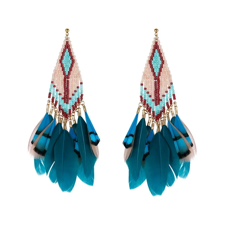 

Rice bead earrings Hand woven Feather personality fashion Beading Simplicity Bohemia alloy ma'am Fringed earrings