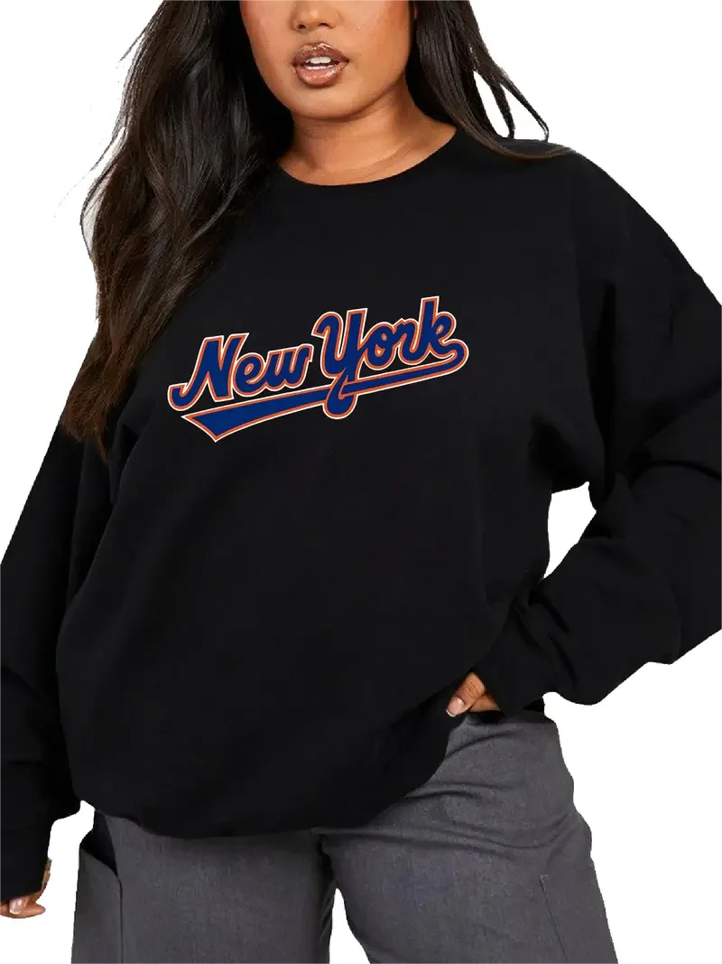 New York Letter Print Round Neck Casual Sports Sweatshirt, Long Sleeve Pullover Top, Women's Sporty Sweatshirts