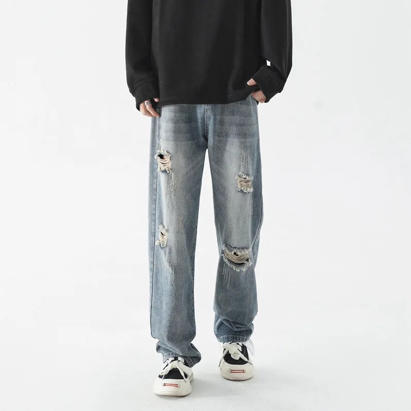 2023 Spring Popular Student High Street Ripped Jeans Mens Jeans Casual Loose Wide Leg High Quality Solid Jeansm