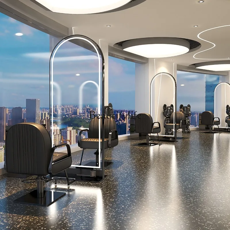 

Hair Salon Dressing Table Double-Sided Stainless Steel Floor Hair Cutting Mirror with Light