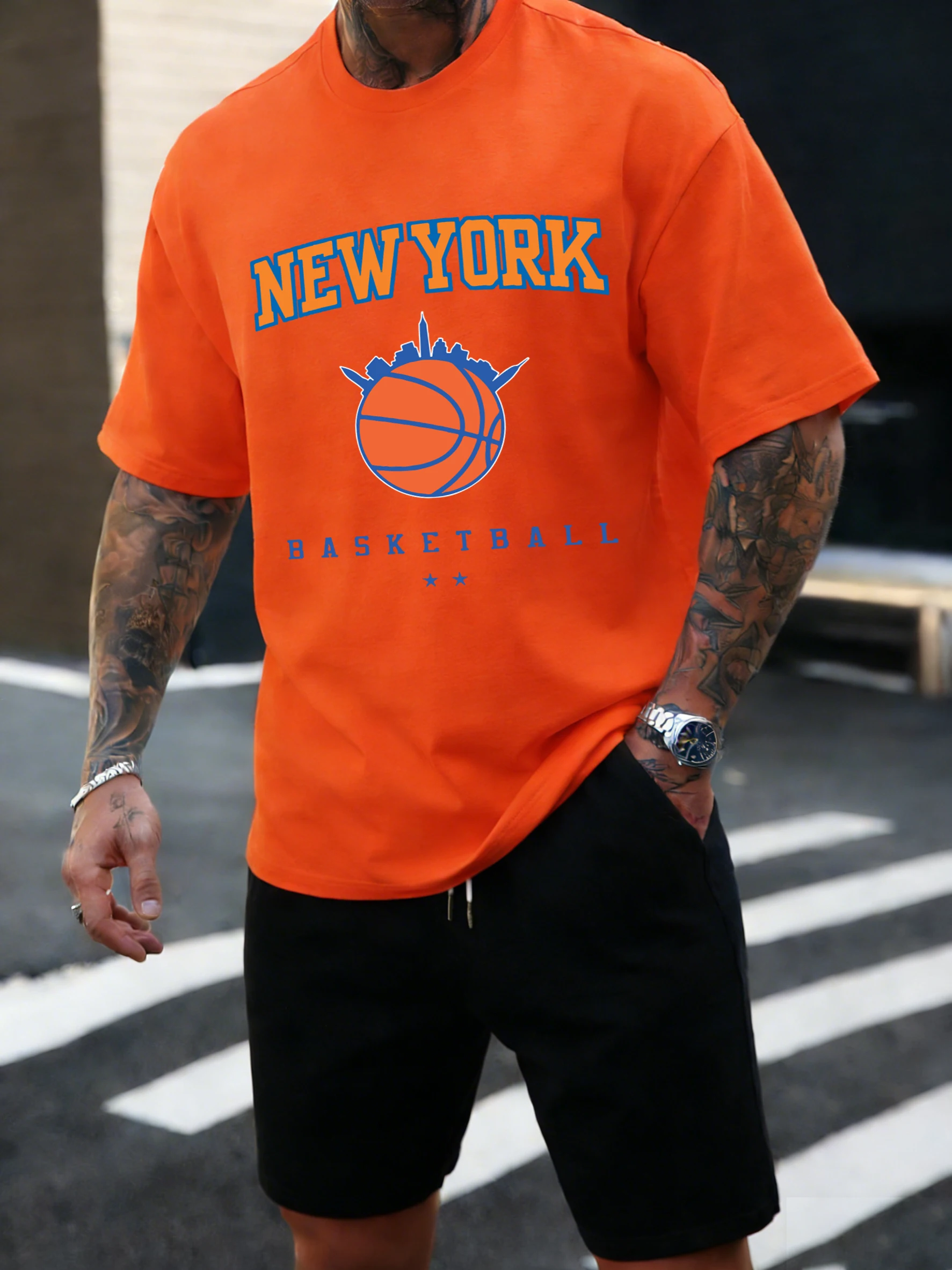 New York Basketball-Druck Kurzarm-T-Shirt für Herren aus Baumwolle, Modisches O-Neck T-Shirt, Weiche Retro-Kleidung, Unisex Sommer Lockeres Streetwear-Shirt