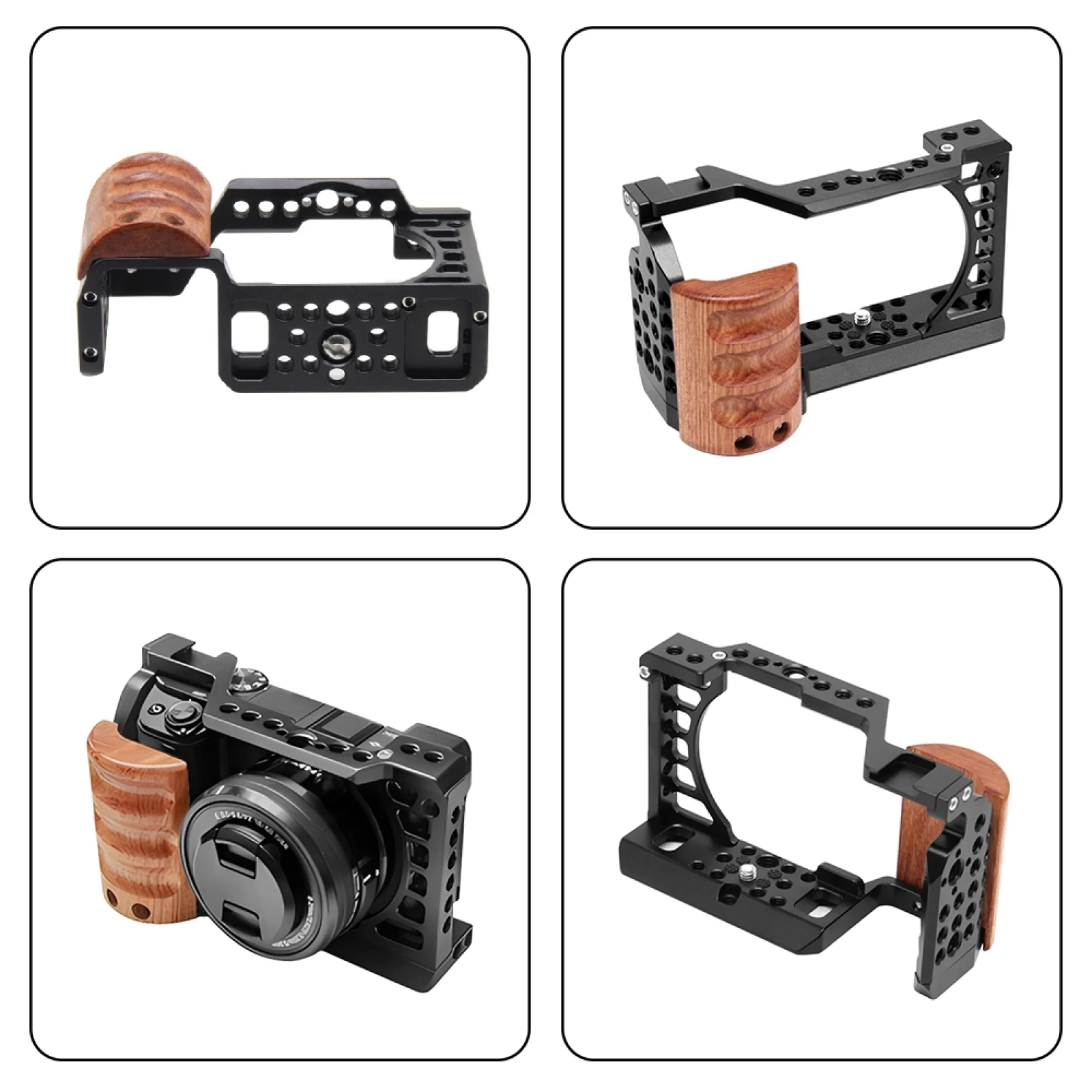 PULUZ Wood Handle Metal Camera Cage Stabilizer Rig For Sony A6400 A6300 A6100 A6000