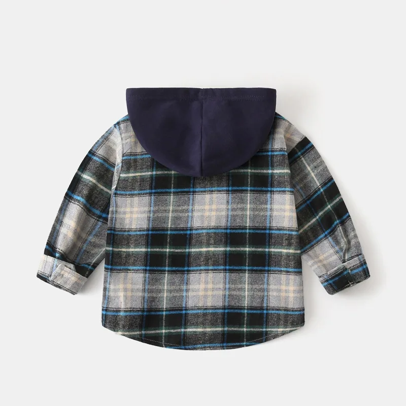 Autumn children's clothing long-sleeved shirts boys' hooded plaid shirts baby tops kids costumes