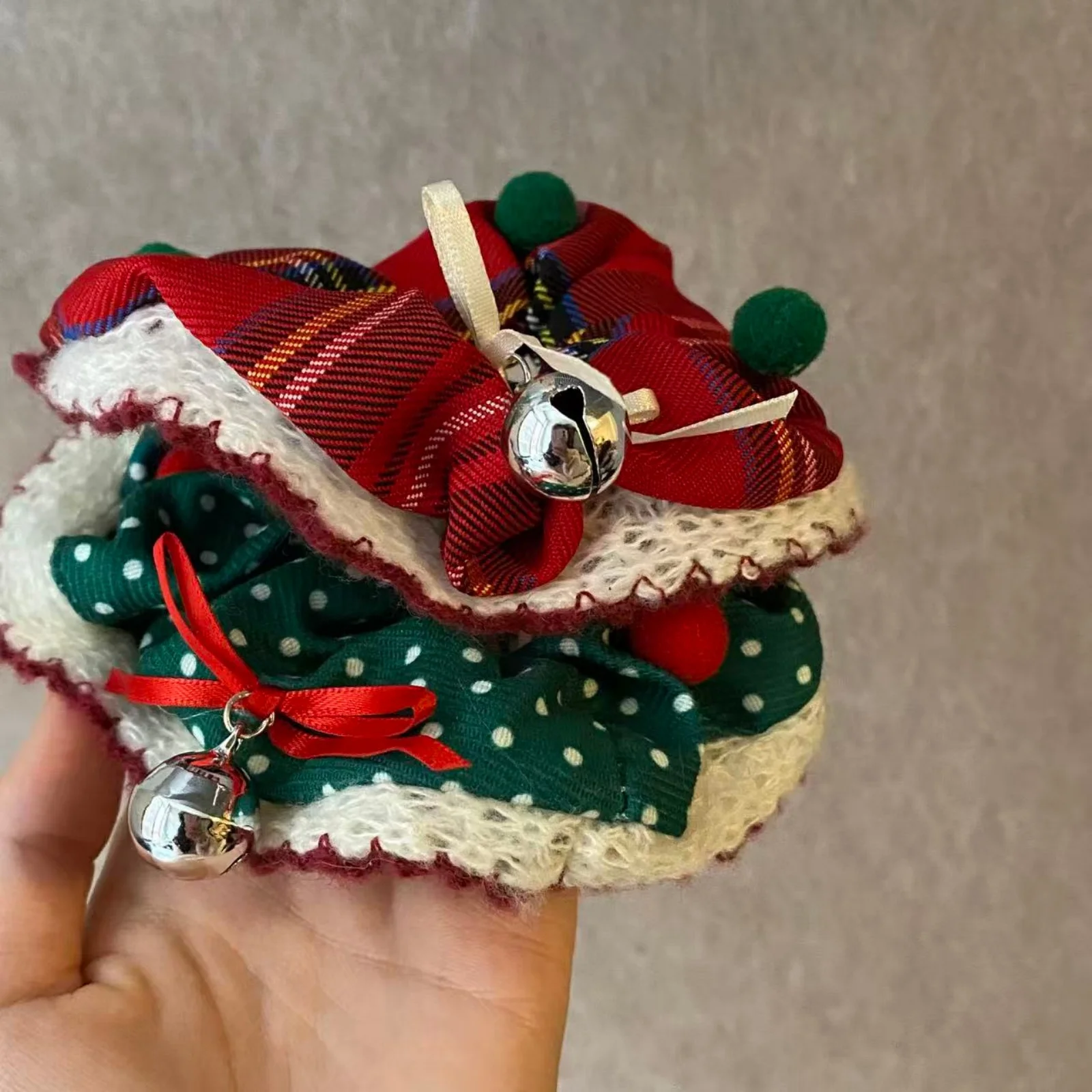 1PC Christmas Plaid Polka Dot Scrunchies | Festive Hair Ties with Bells & Pom Poms, Lace-Trimmed Hair Accessories for Women