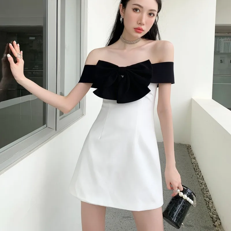 

2022 summer new tube top shift dress women fashion commuter bow stitching contrast color strapless mini skirt party dress