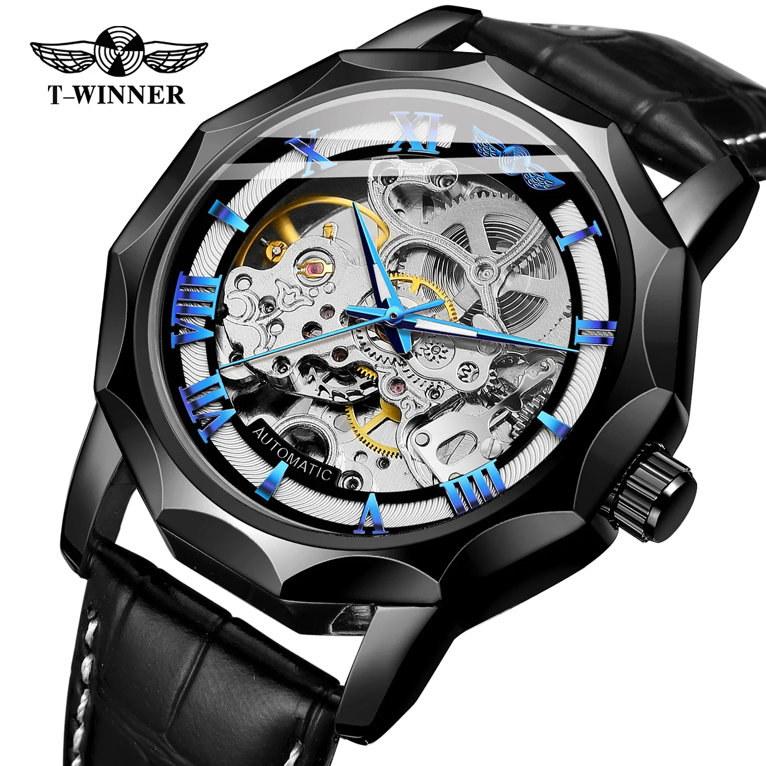 

T-Winner Top Brands Mechanical Skeleton Hollow Out Men Watch Fashion Casual Male Watches Leather Strap Relogio Masculino