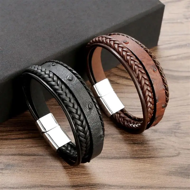 Leather Bracelet Men's Braided Rope Bangle Multilayer Jewelry Wristband