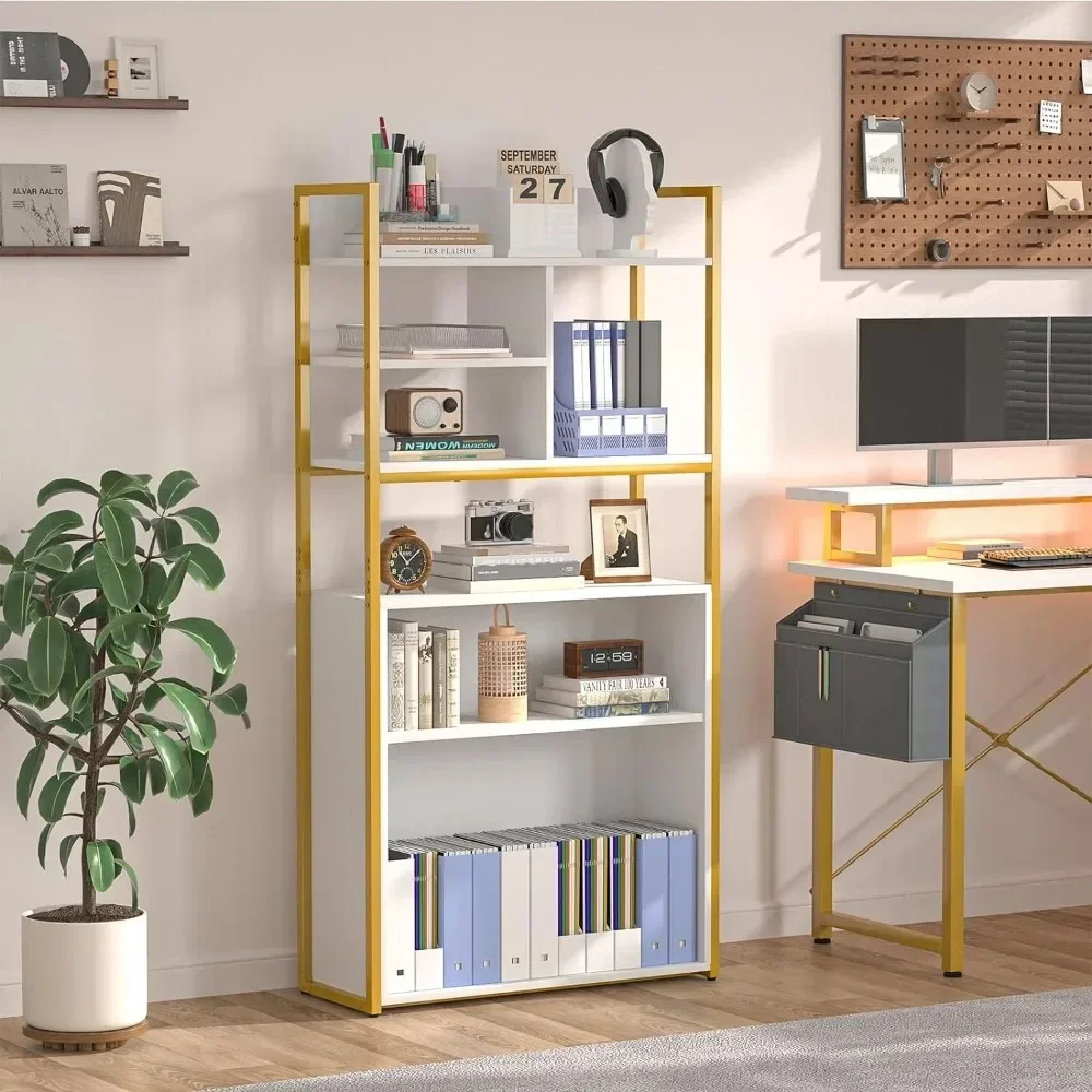 

Bookshelf, 6 Tier Tall Bookshelves Wood and Gold Metal Frame Standing Bookcase,Display Bookshelf with Adjustable Storage Shelves