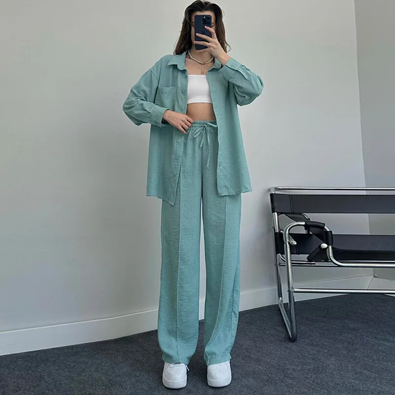 2022 Set Women's Autumn and Winter Long sleeved Shirt with Folded Elastic Waist Pants Elegant Solid Color Two Piece Set New