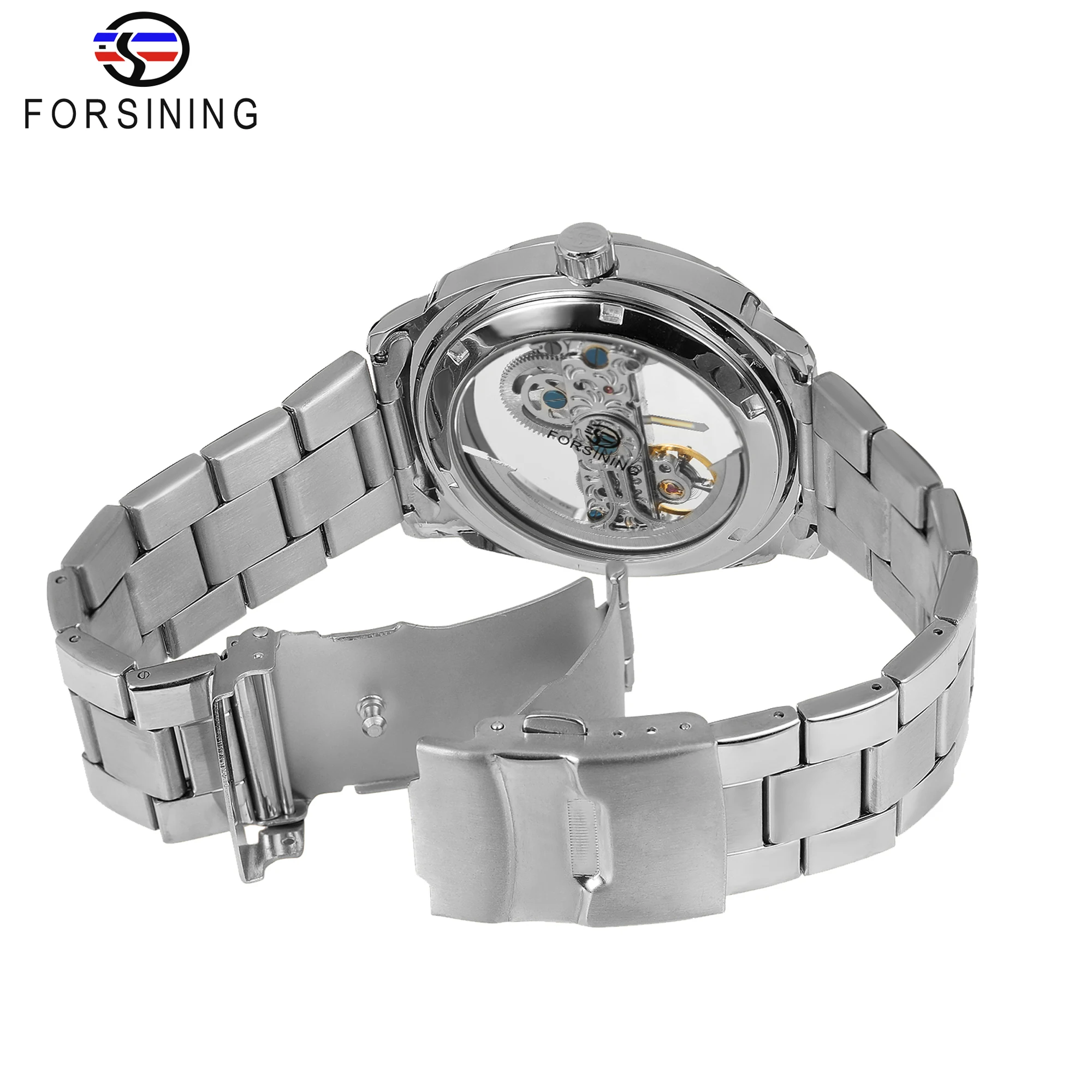 Mechanical Watch Forsining Men Transparent Design Mechanical Watch Automatic Silver Square Golden Gear Skeleton Stainless Steel Belts Clock Saati Mechanical Watch